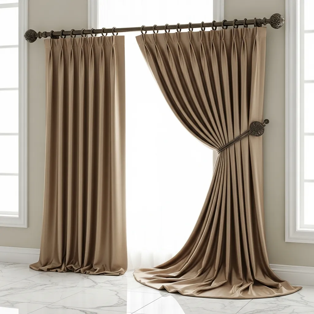 Luxurious silk cascade drapes in champagne tones with elegant pleating and hardware