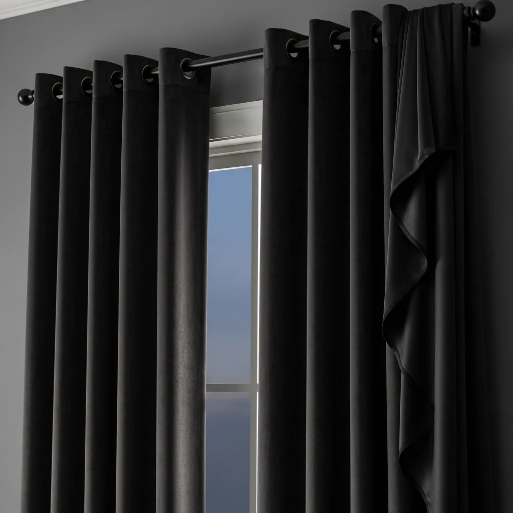 Rich velvet twilight panels in deep charcoal with blackout lining for complete light control
